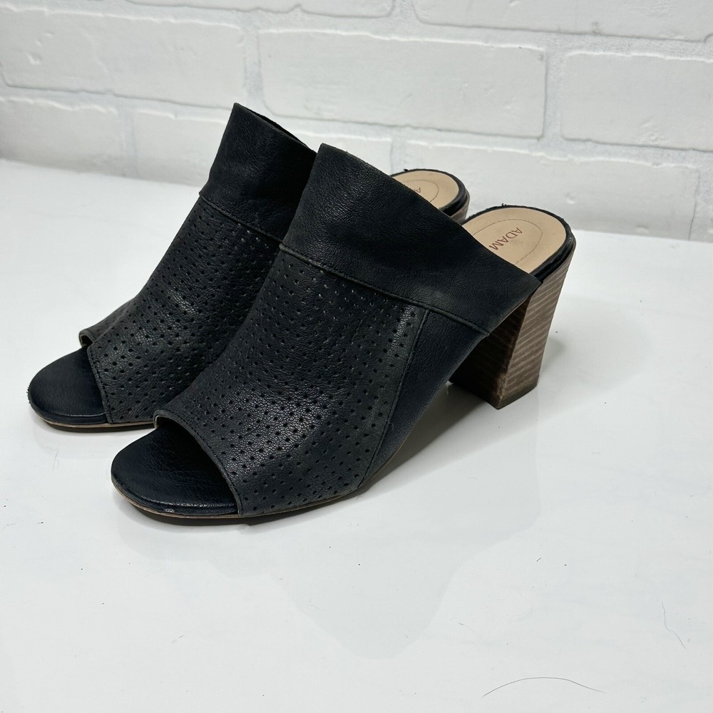 Adam Tucker Black Leather Perforated Peep Toe Block Heel Mules Shoes Womens 8‎